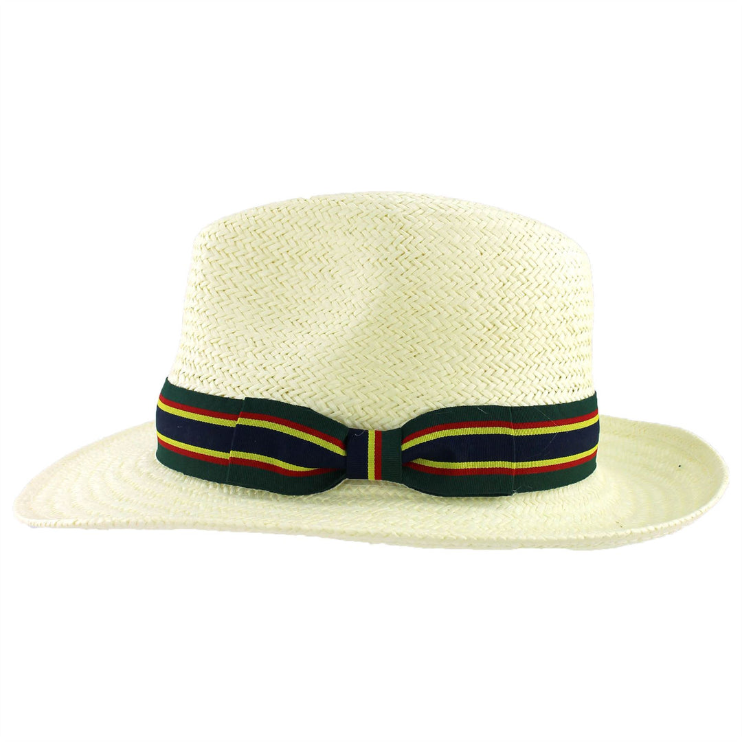Wide Brim Straw Panama Fedora Hat - Green & Navy
