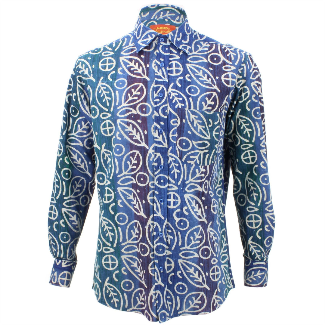 Regular Fit Long Sleeve Shirt - Blue Rainbow Wash with White Abstract Leaves