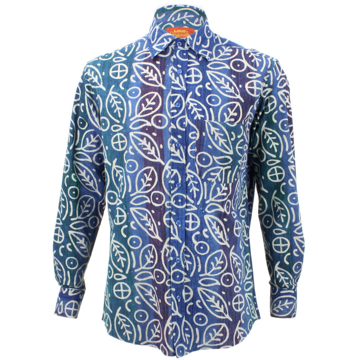 Regular Fit Long Sleeve Shirt - Blue Rainbow Wash with White Abstract Leaves