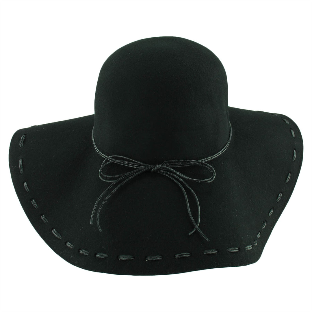 100% Wool felt wide brim floppy hat with cord band - Black (57cm)