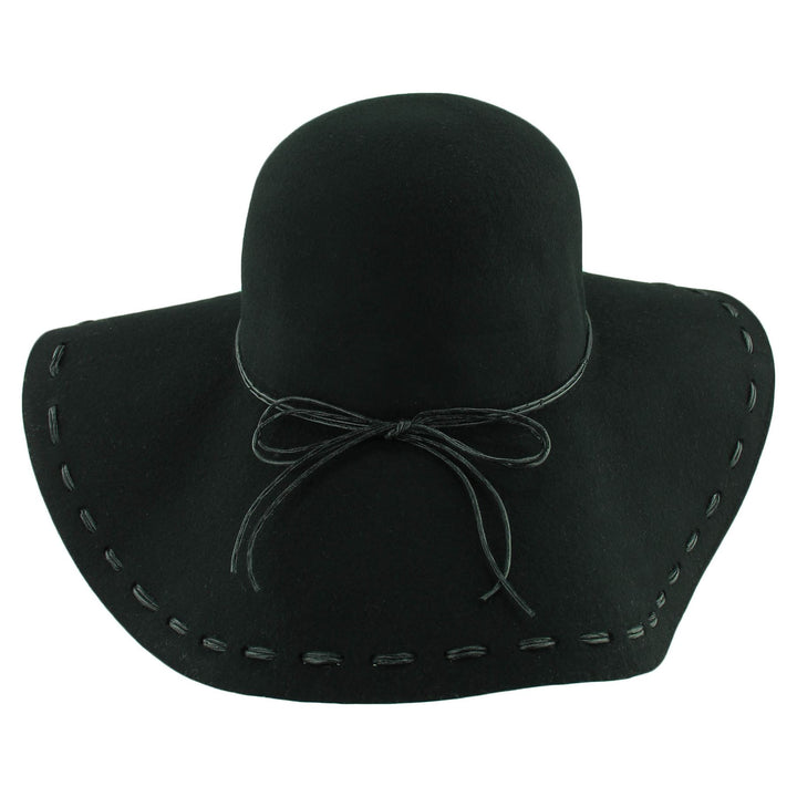 100% Wool felt wide brim floppy hat with cord band - Black (57cm)