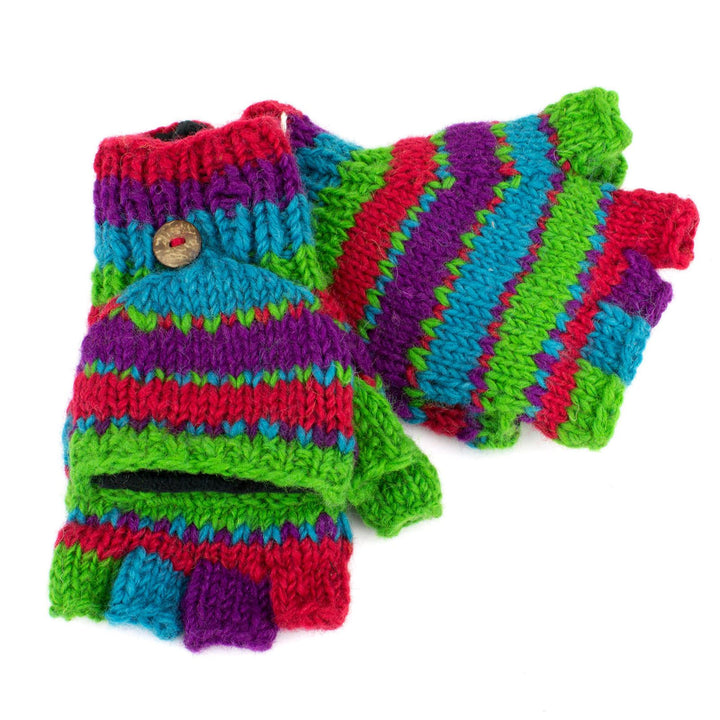 Chunky Wool Knit Fingerless Shooter Gloves - Stripe - Multi Red & Green