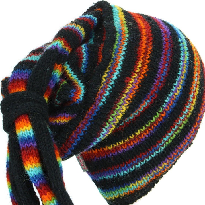 Wool Knit 'Fountain' Tassels Beanie Hat - Black & Rainbow