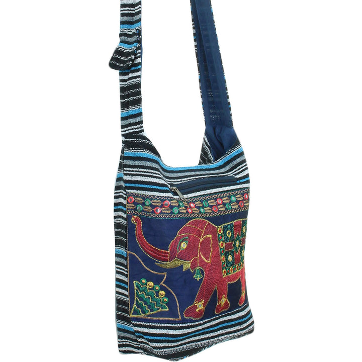 Embroidered Elephant Canvas Sling Shoulder Bag - Dark Blue