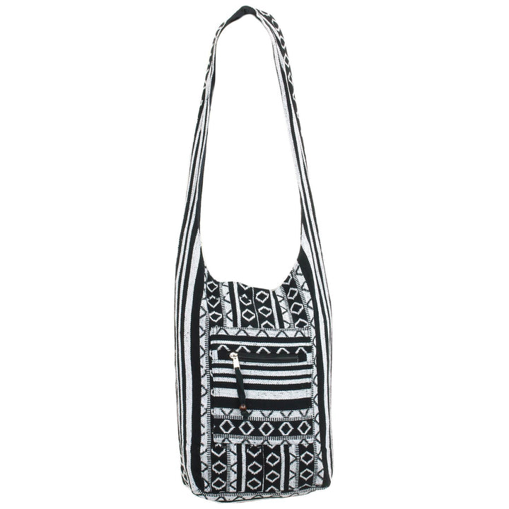 Diamond Pattern Canvas Sling Shoulder Bag - Black White