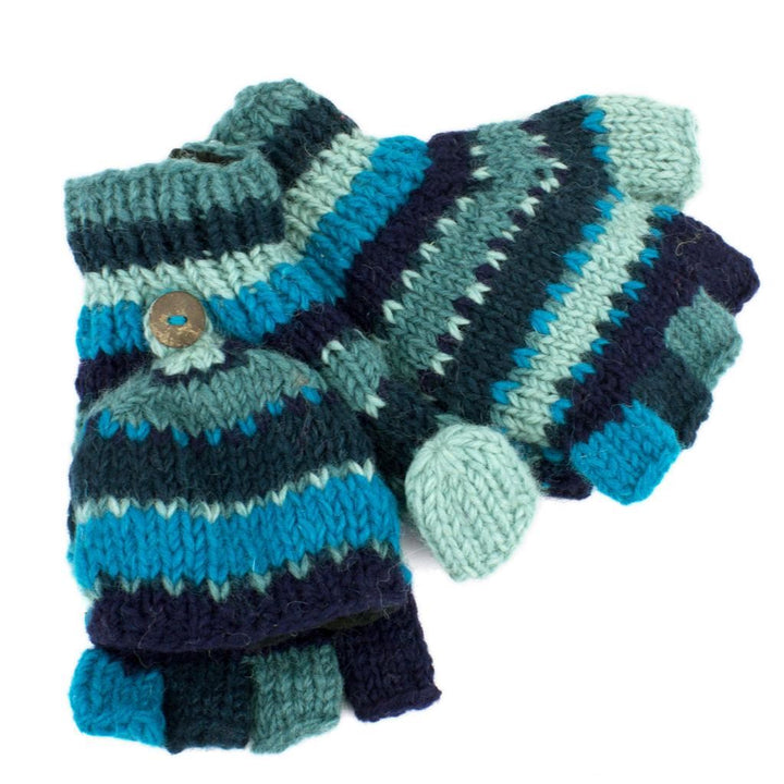 Chunky Wool Knit Fingerless Shooter Gloves - Stripe - Blue
