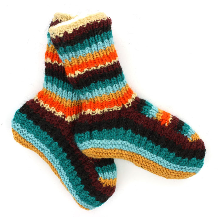 Hand Knitted Wool Slipper Socks - Stripe Retro D