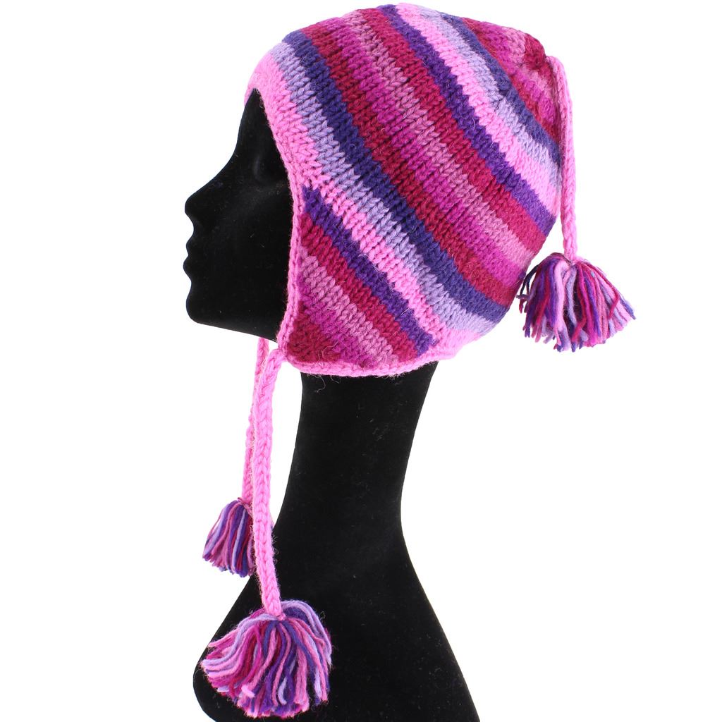 Wool Knit Earflap Tassel Hat - Stripe Pink Purple
