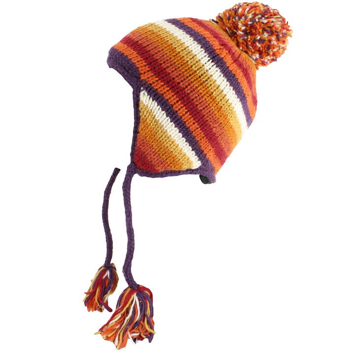 Wool Knit Earflap Bobble Hat - Stripe Orange Rust