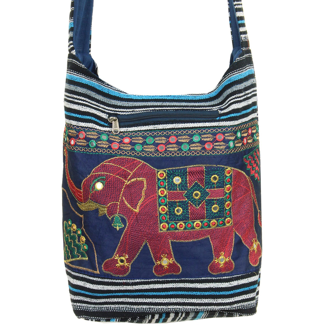 Embroidered Elephant Canvas Sling Shoulder Bag - Dark Blue