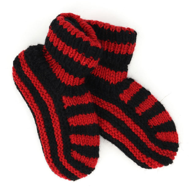 Hand Knitted Wool Slipper Socks - Stripe Red Black