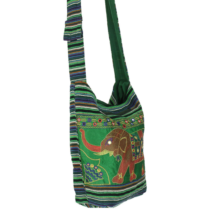 Embroidered Elephant Canvas Sling Shoulder Bag - Green Purple