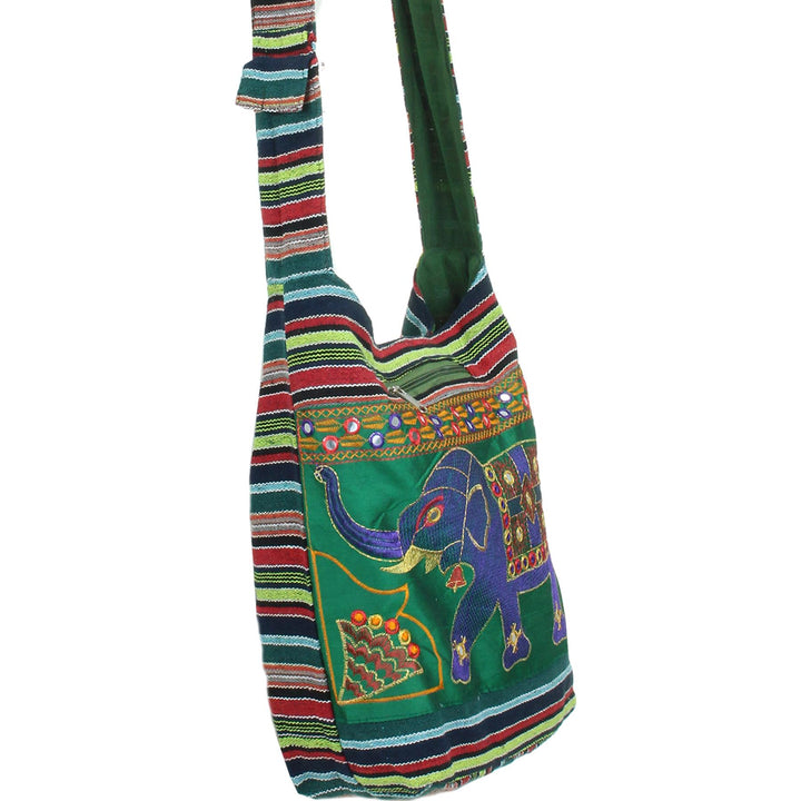 Embroidered Elephant Canvas Sling Shoulder Bag - Green
