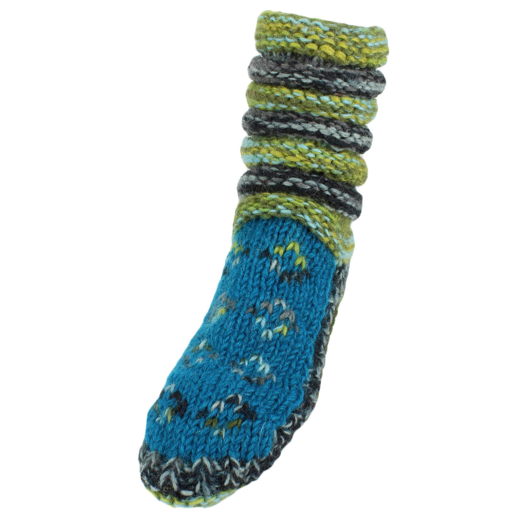 Chunky Wool Knit Slipper Socks - Blue & Green