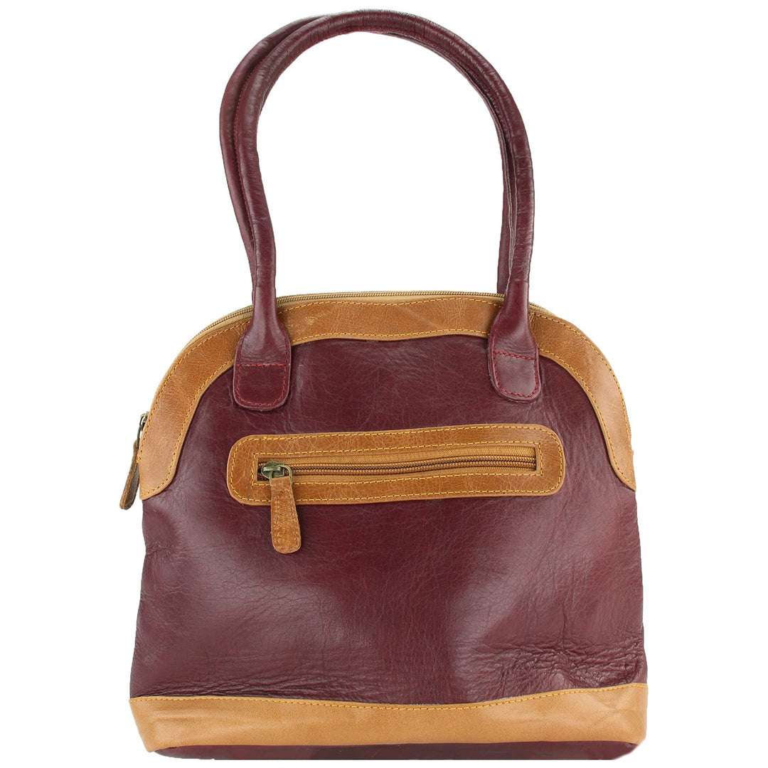 Real Leather Shopper Tote Bag Handbag - Red & Brown