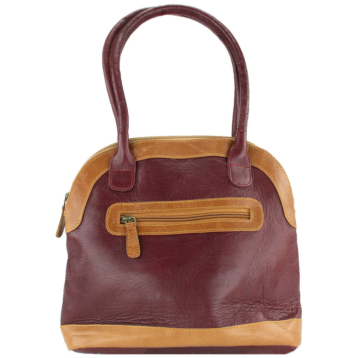 Real Leather Shopper Tote Bag Handbag - Red & Brown