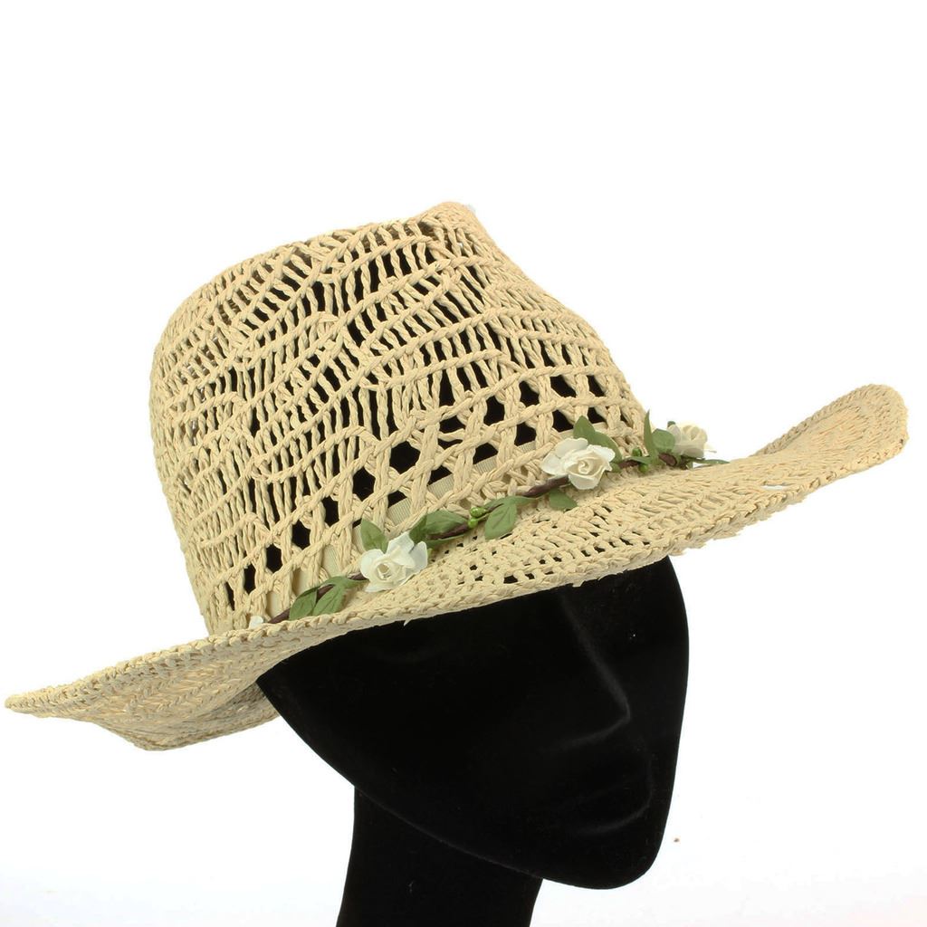 Straw Paper String Cowboy Hat with Flower Garland