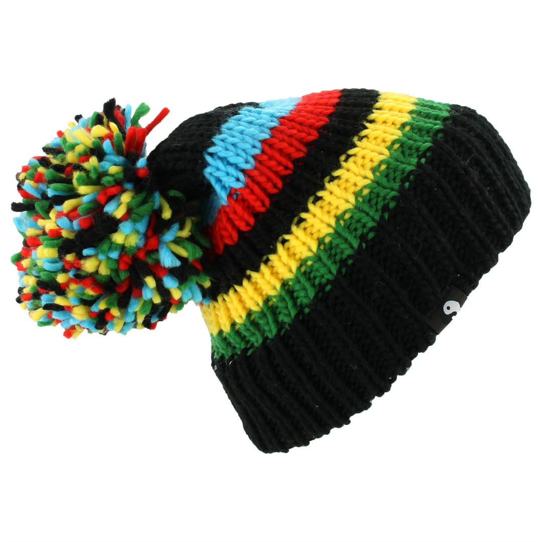 Chunky Acrylic Knit Beanie Hat with a MASSIVE Bobble - Black & Rainbow