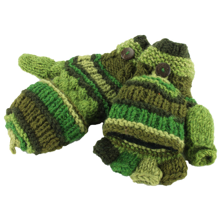 Chunky Wool Fingerless Shooter Gloves - Striped Mixed Knits - Green
