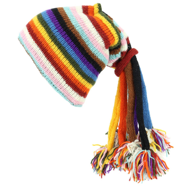 Hand Knitted Beanie Fountain Tassel Hat - Stripe Progress Rainbow