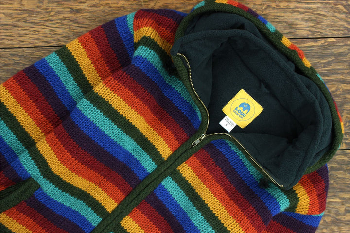 Hand Knitted Wool Hooded Jacket Cardigan - Stripe Dark Rainbow