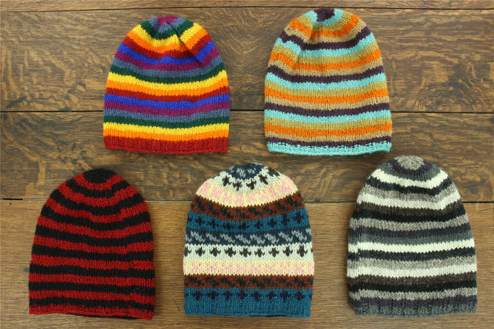 Wool Knit Baggy Slouch Beanie Hat - Stripe Navy Pink Pattern
