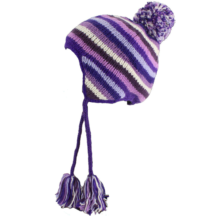 Wool Knit Earflap Bobble Hat - Stripe Purples