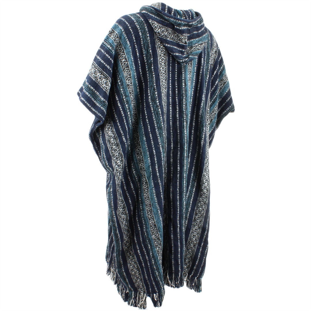 Brushed Cotton Long Hooded Poncho - Blue