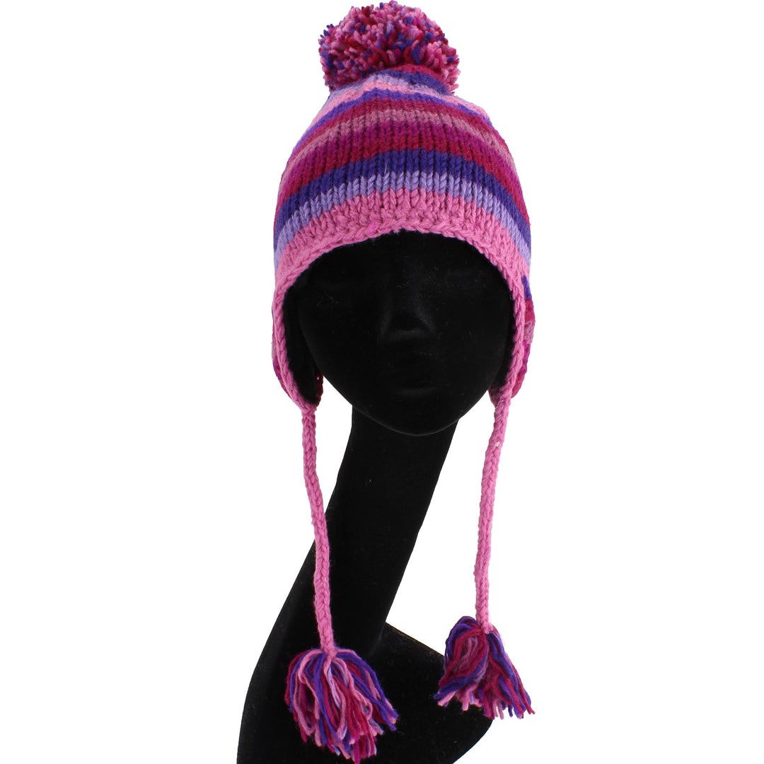 Wool Knit Earflap Bobble Hat - Stripe Pink Purple