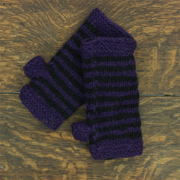 Hand Knitted Wool Arm Warmer - Stripe Purple Black