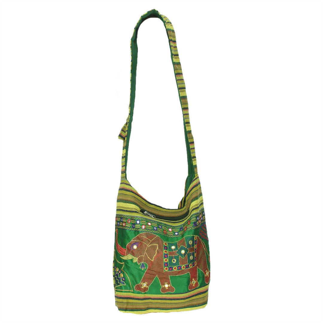 Embroidered Elephant Canvas Sling Shoulder Bag - Light Green