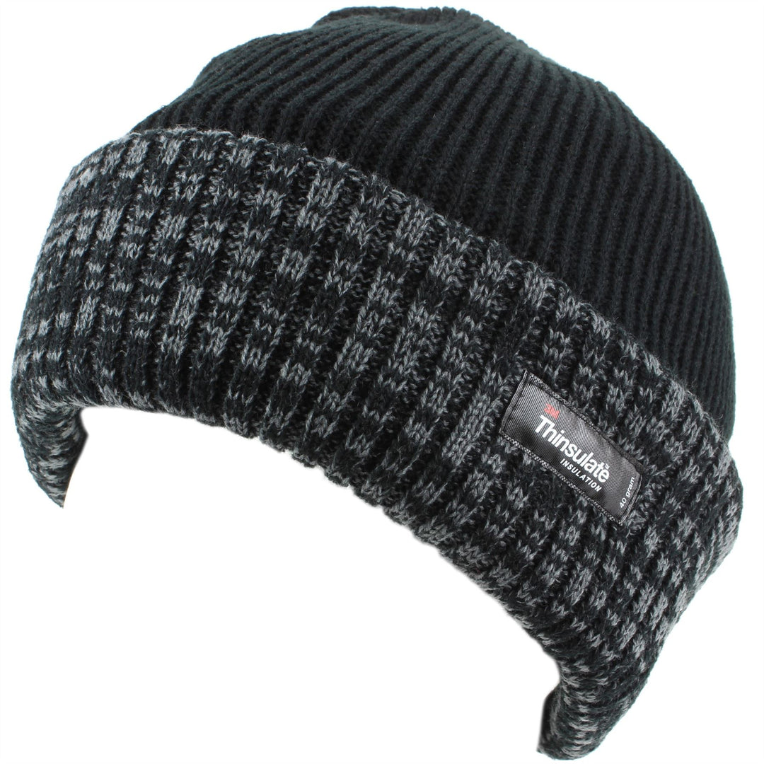 Fleece Lined Ribbed Beanie Hat with a Contrast Mix Turn-up - Black