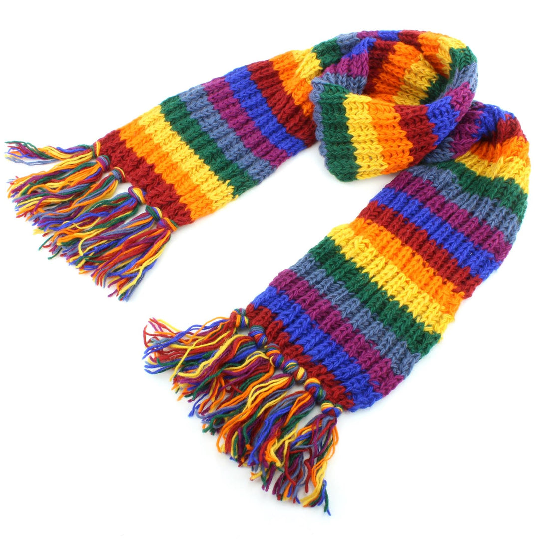 Long Chunky Wool Knit Striped Scarf - Rainbow