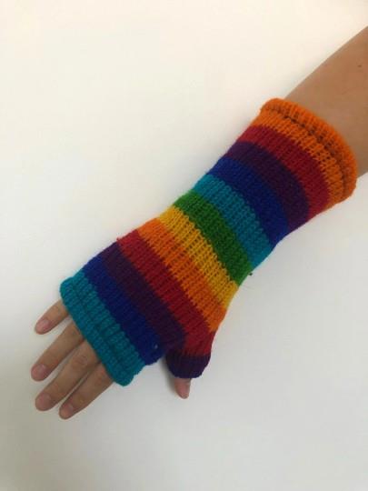 Wool Knit Fleece Lined  Wrist Warmers - Rainbow Stripe