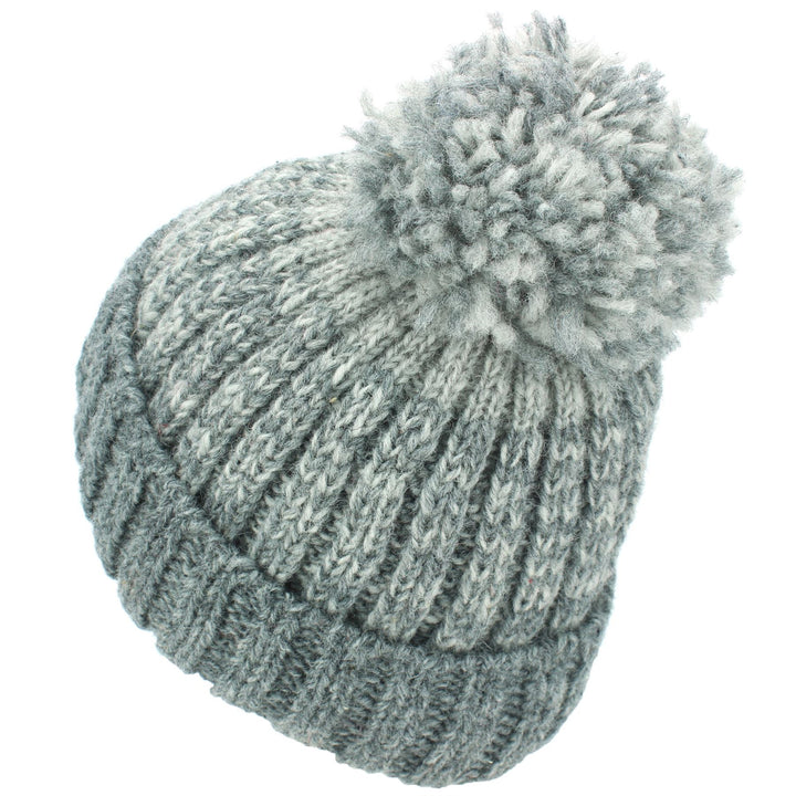Wool Knit Bobble Beanie Hat - Grey
