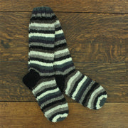 Hand Knitted Wool Long Socks - Stripe Greys