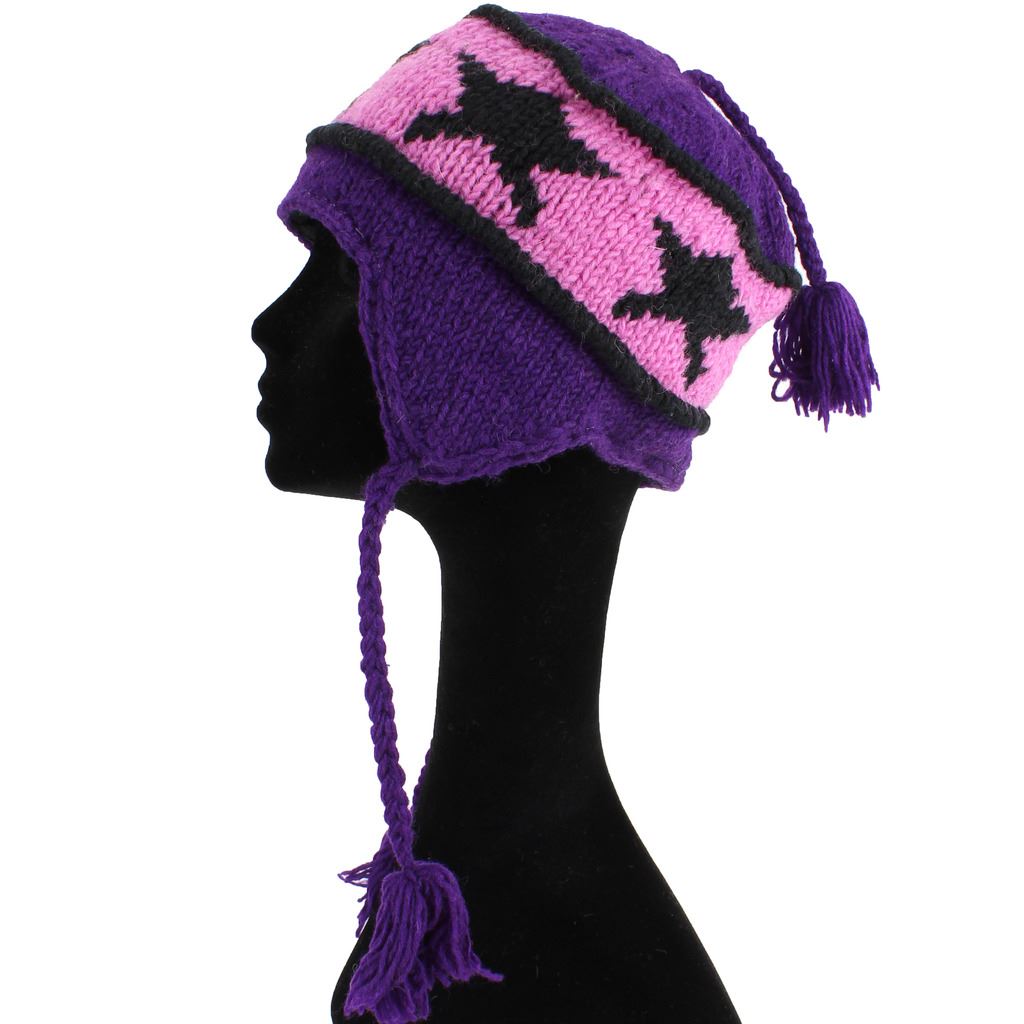 Wool Knit Earflap Tassel Hat - Star Purple