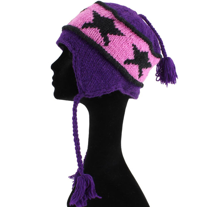 Wool Knit Earflap Tassel Hat - Star Purple