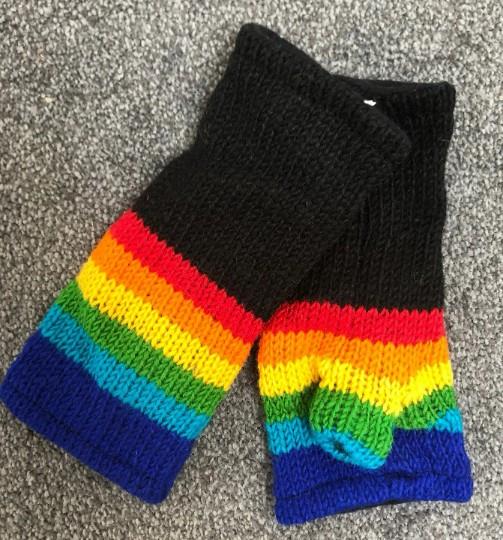 Wool Knit Fleece Lined  Wrist Warmers - Black Rainbow Stripe