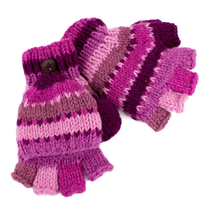 Chunky Wool Knit Fingerless Shooter Gloves - Stripe - Pink