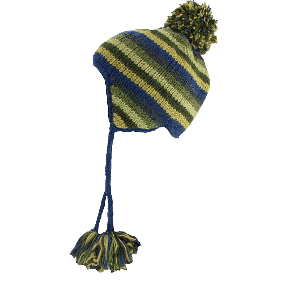 Wool Knit Earflap Bobble Hat - Stripe Blue Green
