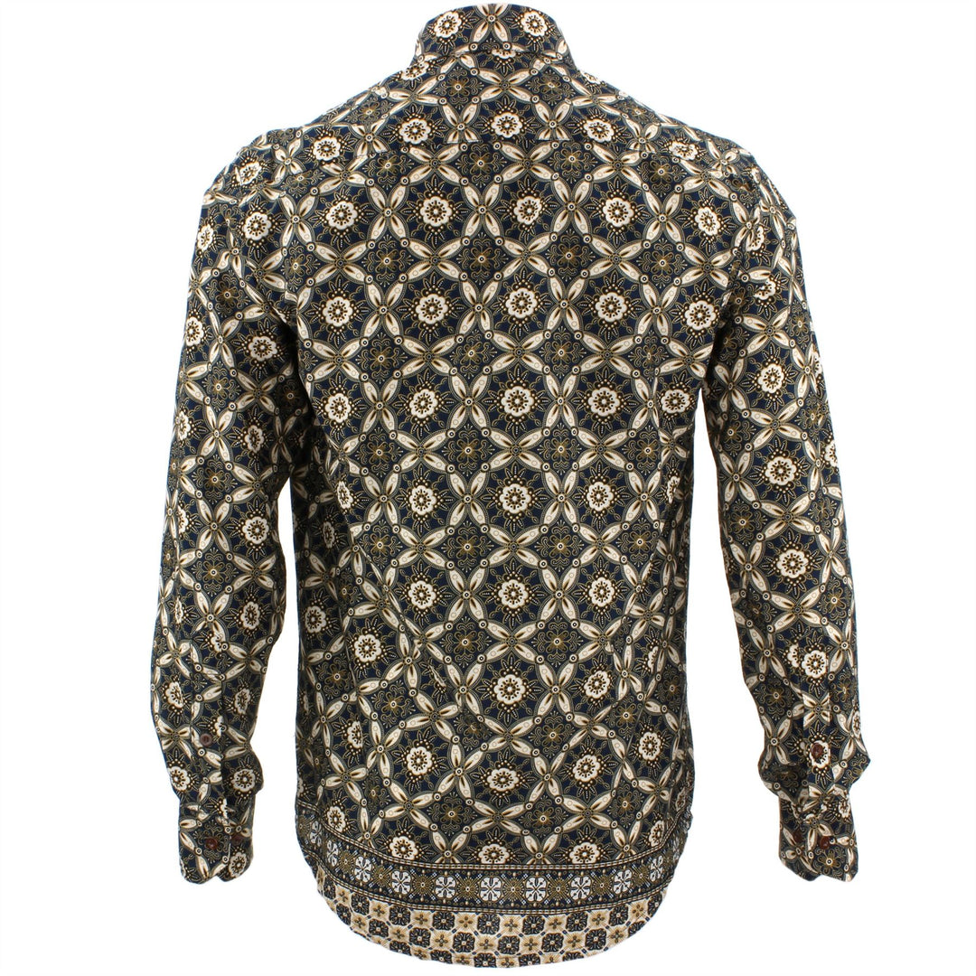 Tailored Fit Long Sleeve Shirt - Black White & Gold Abstract
