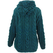 Handmade Wool Cable Knit Hooded Jacket - Teal