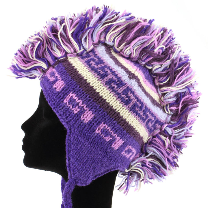 Wool Knit 'Punk' Mohawk Earflap Beanie Hat - Purples (Adult)