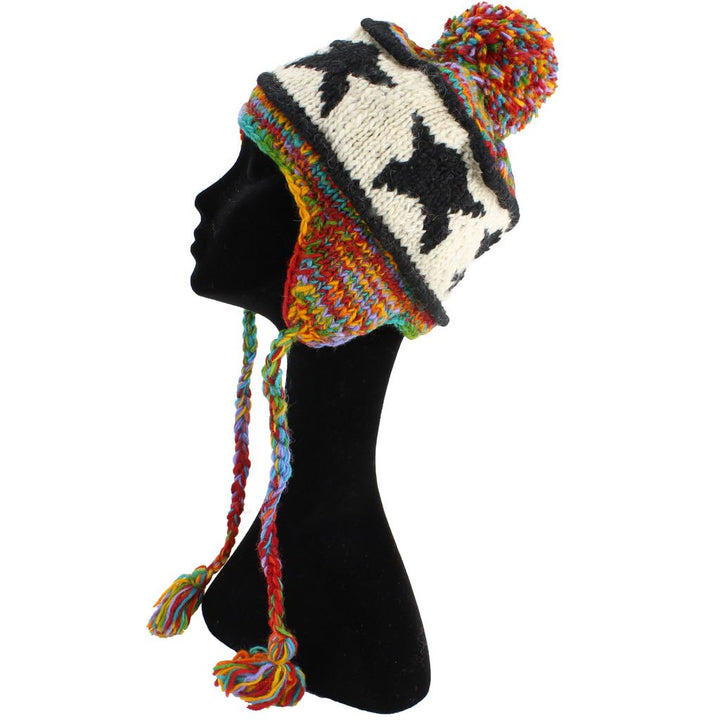 Wool Knit Earflap Bobble Hat - Star Rainbow SD
