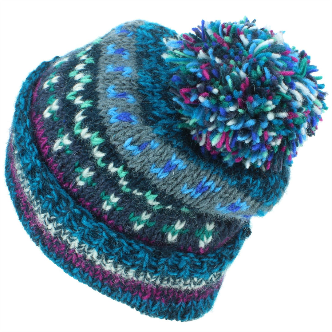 Chunky Wool Knit Abstract Pattern Beanie Bobble Hat - 17 Blue