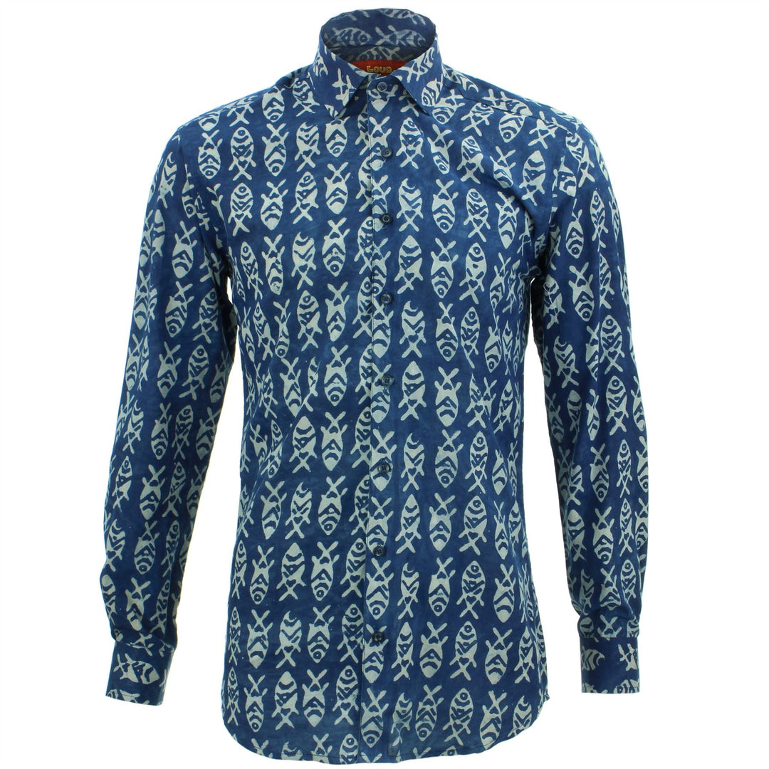 Tailored Fit Long Sleeve Shirt - Block Print - Fish
