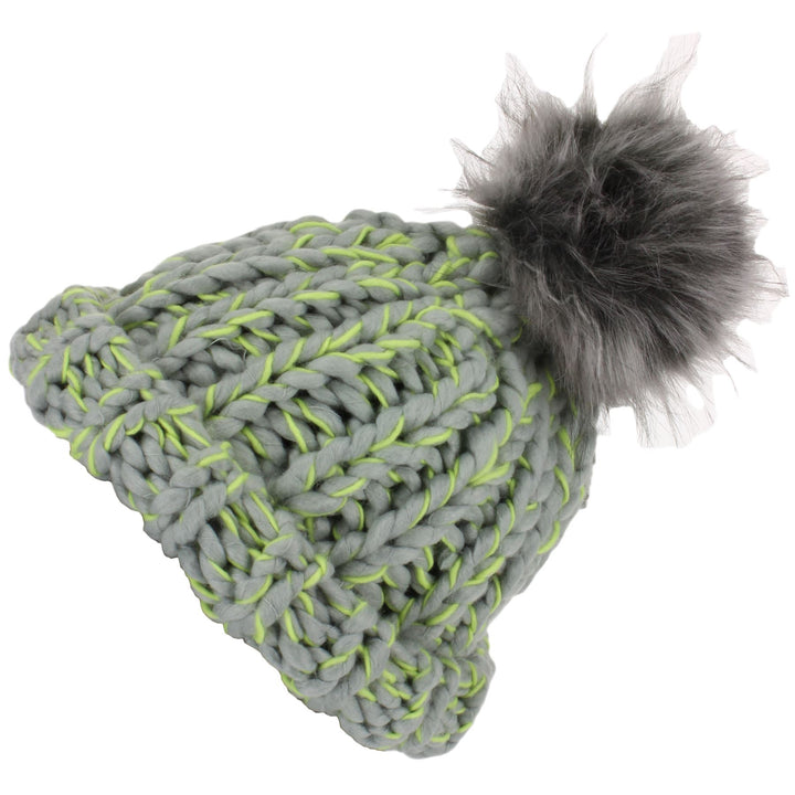 Chunky acrylic knit beanie hat with faux fur bobble - Grey & Green