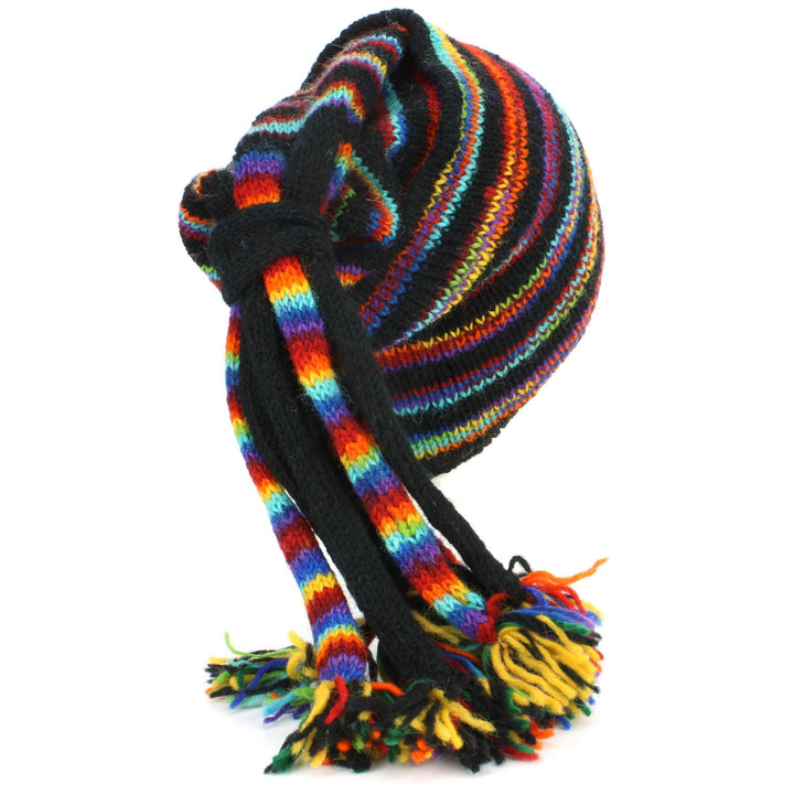 Wool Knit 'Fountain' Tassels Beanie Hat - Black & Rainbow