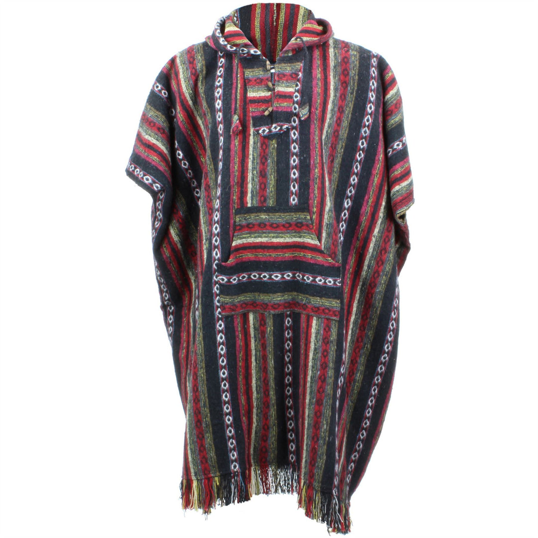 Brushed Cotton Long Hooded Poncho - Black Red